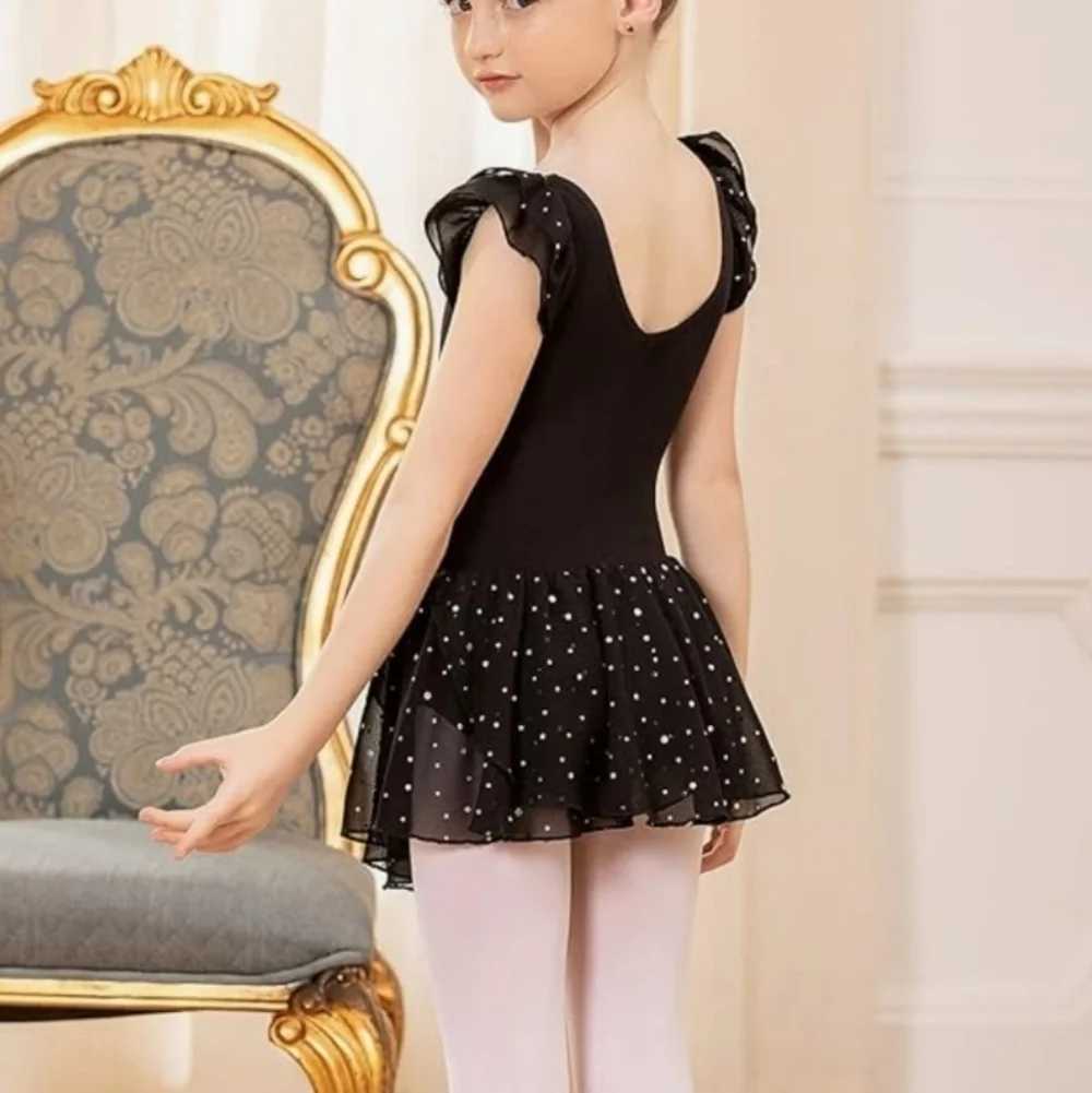 Arshiner Girls Ruffle Sleeve Ballet Dance Dress Tutu Skirted Leotard. Black.  Si